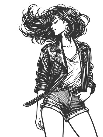 woman in a leather jacket, tube top, and shorts with flowing bob hairstyle and bold attitude sketch engraving generative ai fictional character raster illustration. Scratch board. Black and white.の素材