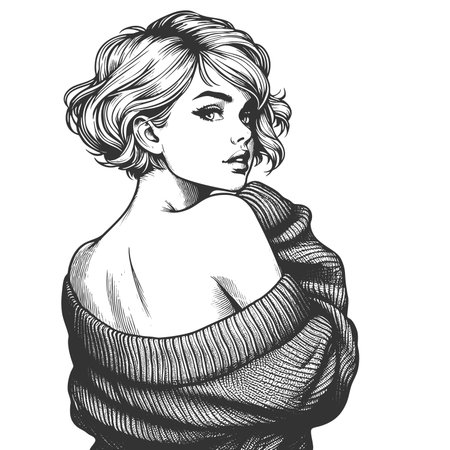 Woman in Sweater revealing shoulder sketch engraving generative ai fictional character raster illustration. Scratch board imitation. Black and white image.の素材