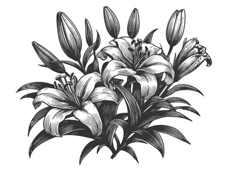 Lily Flower sketch engraving fictional character vector illustration. Scratch board imitation. Black and white image.のイラスト素材