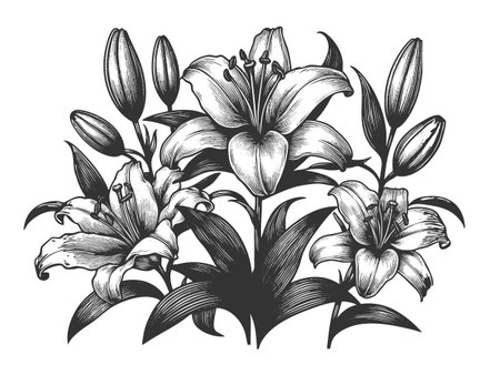 Lily Flower sketch engraving fictional character vector illustration. Scratch board imitation. Black and white image.のイラスト素材