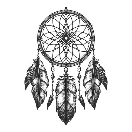 dreamcatcher with feathers and beads in black and white, featuring ornate mandala-style center and tribal elements sketch engraving vector illustration. Scratch board. Black and white.のイラスト素材