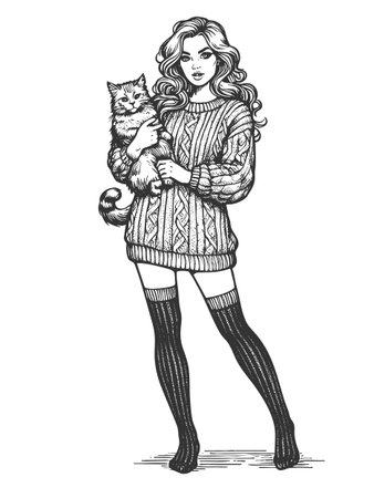 woman in an oversized cable-knit sweater and thigh-high socks, holding a fluffy cat lovingly sketch engraving generative ai fictional character vector illustration. Scratch board. Black and white.の素材