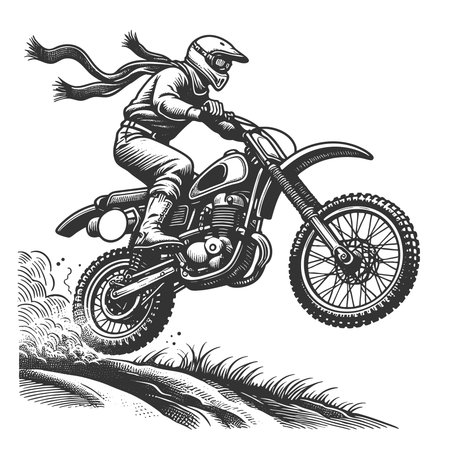 motocross rider launching off a hill, showcasing action, power, and off-road excitement sketch engraving fictional character vector illustration. Scratch board imitation. Black and whiteのイラスト素材