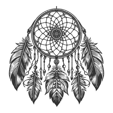 dreamcatcher with feathers and beads in black and white, featuring ornate mandala-style center and tribal elements sketch engraving vector illustration. Scratch board. Black and white.のイラスト素材