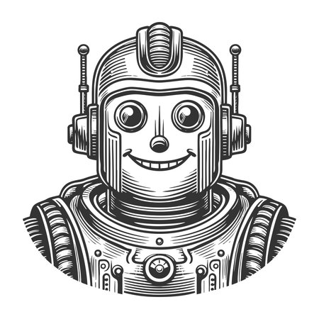cheerful retro robot with antennas, ideal for sci-fi, tech nostalgia, or toy themes sketch engraving generative ai fictional character vector illustration. Scratch board imitation. Black and white.の素材