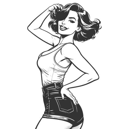 pin-up girl in a tank top and high-waisted shorts, posing with a hand in her hair sketch engraving generative ai fictional character raster illustration. Scratch board imitation. Black and white imageの素材