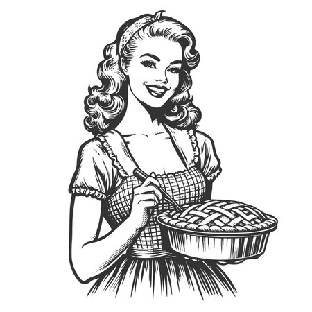 cheerful woman in classic dress and apron, proudly presenting a lattice-top pie with a spoon sketch engraving generative ai fictional character raster illustration. Scratch board. Black and white.の素材