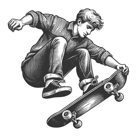 teenage skateboarder performing a flip trick with intense focus and athletic movement sketch engraving generative ai fictional character vector illustration. Scratch board imitation. Black and white.の素材