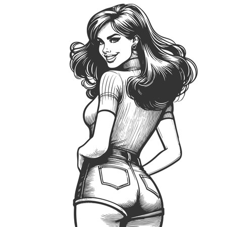 cheerful pin-up girl with long flowing hair, wearing a turtleneck top and shorts sketch engraving generative ai fictional character raster illustration. Scratch board imitation. Black and white image.の素材