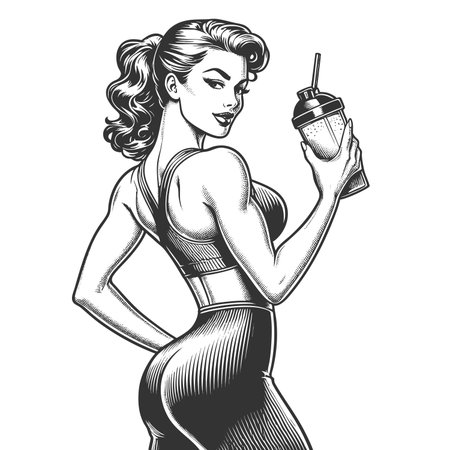 pin-up fitness woman in activewear holding a protein shake sketch engraving generative ai fictional character raster illustration. Scratch board imitation. Black and white image.の素材
