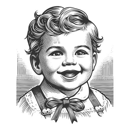 happy baby with expressive eyes and soft hair, perfect for vintage themes and family concepts sketch engraving generative ai fictional character vector illustration. Scratch board. Black and white.の素材