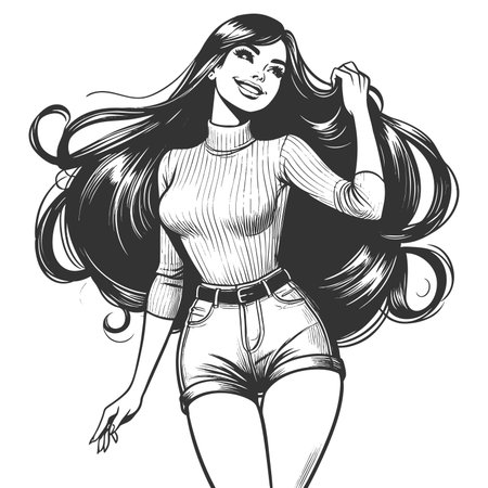cheerful pin-up girl with long flowing hair, wearing a turtleneck top and shorts sketch engraving generative ai fictional character raster illustration. Scratch board imitation. Black and white image.の素材