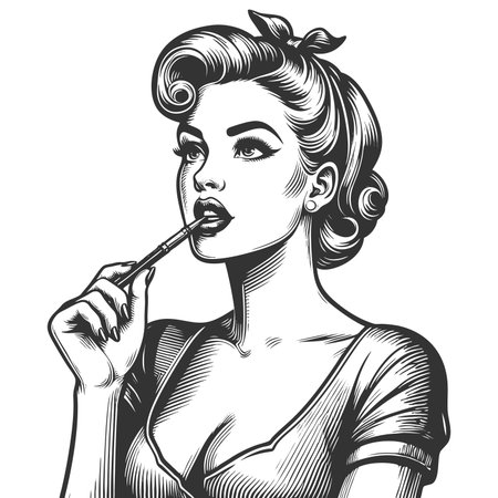 glamorous woman in a reflective pose, holding a pen to her lips with a dreamy expression sketch engraving generative ai fictional character raster illustration. Scratch board. Black and white image.の素材