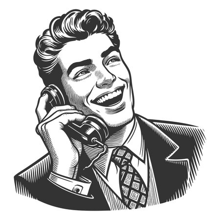 cheerful retro businessman in a suit laughing while talking on a classic corded telephone sketch engraving generative ai fictional character raster illustration. Scratch board. Black and white image.の素材