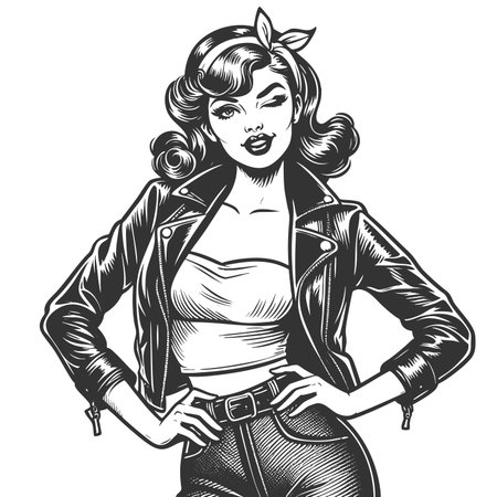 pinup woman winking confidently, wearing a leather jacket and high-waisted pants sketch engraving generative ai fictional character raster illustration. Scratch board imitation. Black and white image.の素材