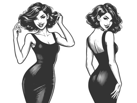 pin-up girl with wavy hair and a confident smile sketch engraving generative ai fictional character raster illustration. Scratch board imitation. Black and white image.の素材