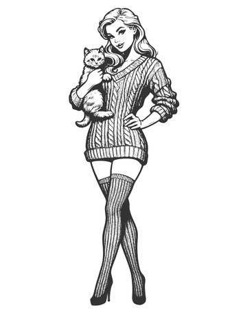 woman in an oversized cable-knit sweater and thigh-high socks, holding a fluffy cat lovingly sketch engraving generative ai fictional character raster illustration. Scratch board. Black and white.の素材