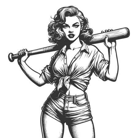pin-up girl with tied shirt and bat over shoulders sketch engraving generative ai fictional character raster illustration. Scratch board imitation. Black and white image.の素材