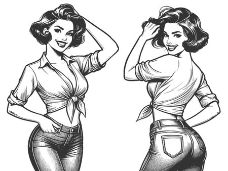 woman in tight jeans and tied top, glancing back with a playful, bold expression sketch engraving generative ai fictional character vector illustration. Scratch board imitation. Black and white image.の素材