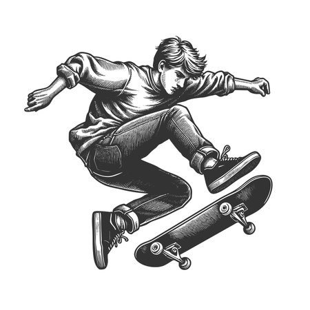 teenage skateboarder performing a flip trick with intense focus and athletic movement sketch engraving generative ai fictional character raster illustration. Scratch board imitation. Black and white.の素材