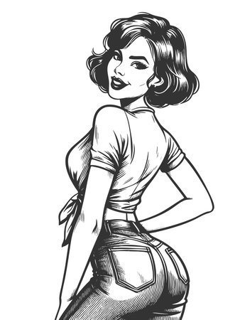 woman in tight jeans and tied top, glancing back with a playful, bold expression sketch engraving generative ai fictional character raster illustration. Scratch board imitation. Black and white image.の素材