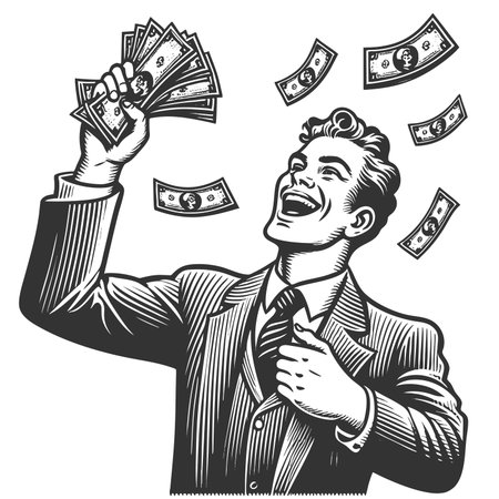 happy man in a suit holding cash and laughing as money falls around him, symbolizing wealth sketch engraving generative ai fictional character raster illustration. Scratch board. Black and white imageの素材