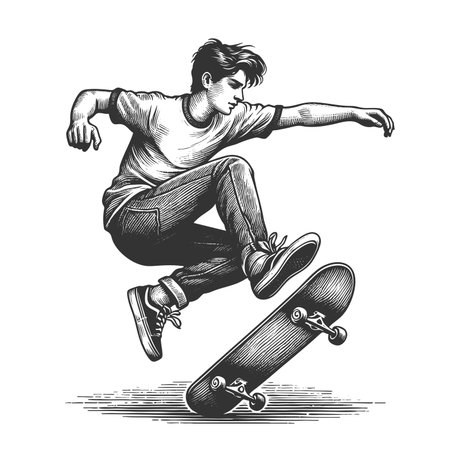 teenage skateboarder performing a flip trick with intense focus and athletic movement sketch engraving generative ai fictional character raster illustration. Scratch board imitation. Black and white.の素材