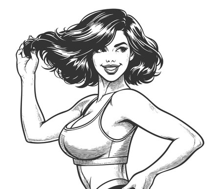 fit retro-style woman in workout clothes, posing confidently with hands in her hair sketch engraving generative ai fictional character raster illustration. Scratch board imitation. Black and white.の素材