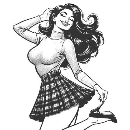 pin-up girl wearing a plaid skirt and tight turtleneck, smiling and posing playfully sketch engraving generative ai fictional character raster illustration. Scratch board imitation. Black and white.の素材
