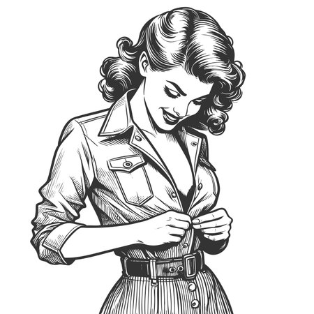 woman modestly buttoning her dress, evoking 1950s elegance and feminine charm sketch engraving generative ai fictional character raster illustration. Scratch board imitation. Black and white image.の素材