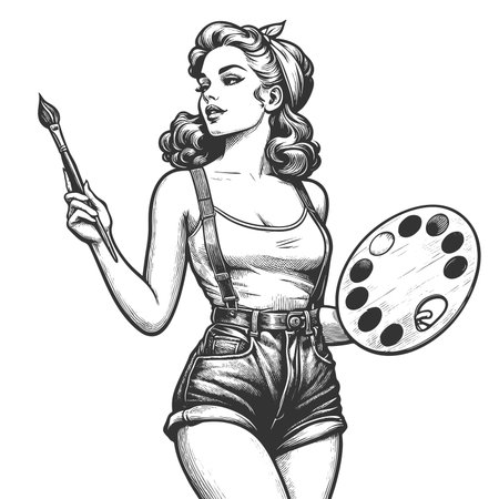 pin-up girl holding a paintbrush and palette, dressed in shorts and suspenders sketch engraving generative ai fictional character raster illustration. Scratch board imitation. Black and white image.の素材