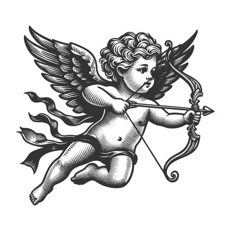 flying cherub with wings, bow and arrow, symbolizing love and romance in classic style sketch engraving generative ai fictional character raster illustration. Scratch board imitation. Black and white.の素材