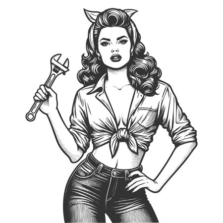 confident woman in mechanic overalls holding a wrench, symbolizing strength and empowerment sketch engraving generative ai fictional character raster illustration. Scratch board. Black and white.の素材
