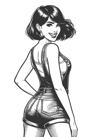 pin-up girl in short denim overalls, striking playful pose sketch engraving generative ai fictional character raster illustration. Scratch board imitation. Black and white image.の素材
