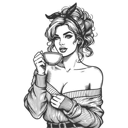 pinup-style woman with voluminous hair, holding a steaming coffee cup and saucer confidently sketch engraving generative ai fictional character raster illustration. Scratch board. Black and white.の素材