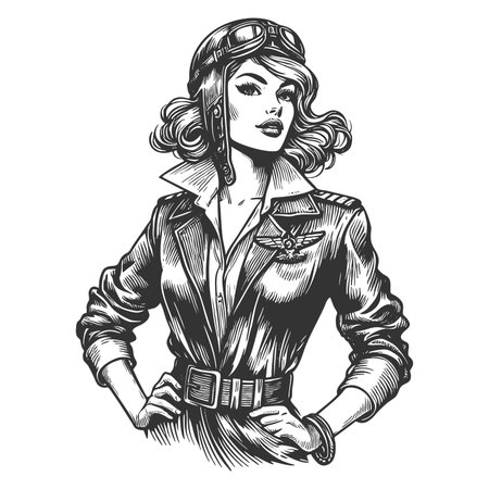 bold woman pilot wearing classic flight gear with goggles, exuding strength and independence sketch engraving generative ai fictional character raster illustration. Scratch board. Black and white.の素材