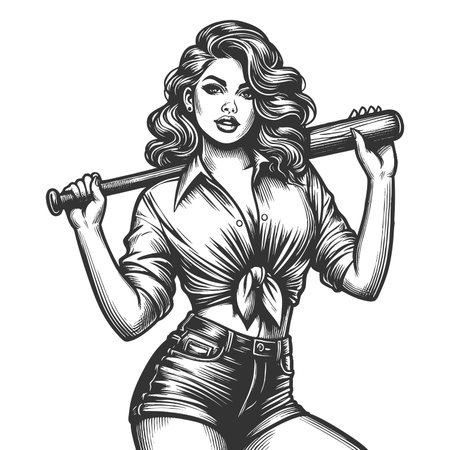 pin-up girl with tied shirt and bat over shoulders sketch engraving generative ai fictional character raster illustration. Scratch board imitation. Black and white image.の素材