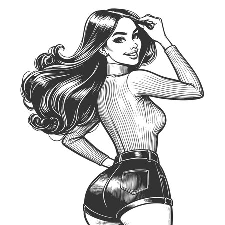 cheerful pin-up girl with long flowing hair, wearing a turtleneck top and shorts sketch engraving generative ai fictional character raster illustration. Scratch board imitation. Black and white image.の素材