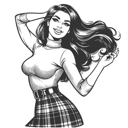 pin-up girl wearing a plaid skirt and tight turtleneck, smiling and posing playfully sketch engraving generative ai fictional character raster illustration. Scratch board imitation. Black and white.の素材