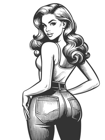 pin-up style woman turning back, wearing a tight shirt and high-waisted jeans with attitude sketch engraving generative ai fictional character raster illustration. Scratch board. Black and white.の素材