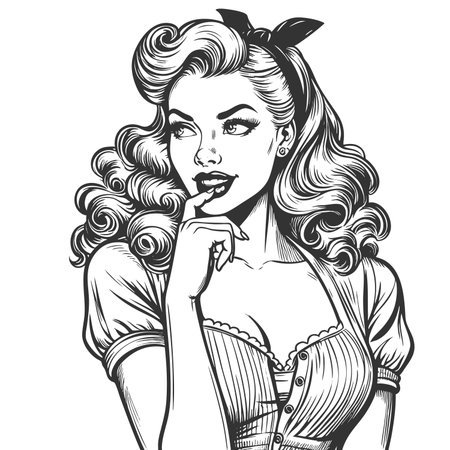 pinup-style woman with voluminous curls and a flirtatious finger-on-lips expression sketch engraving generative ai fictional character raster illustration. Scratch board imitation. Black and white.の素材