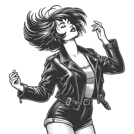 woman in a leather jacket, tube top, and shorts with flowing bob hairstyle and bold attitude sketch engraving generative ai fictional character raster illustration. Scratch board. Black and white.の素材