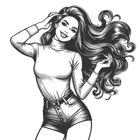 cheerful pin-up girl with long flowing hair, wearing a turtleneck top and shorts sketch engraving generative ai fictional character raster illustration. Scratch board imitation. Black and white image.の素材