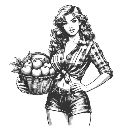 smiling pin-up girl in plaid shirt and shorts, holding a basket full of fresh apples sketch engraving generative ai fictional character raster illustration. Scratch board imitation. Black and white.の素材