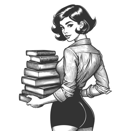 young woman in a dress, carrying a tall stack of books and glancing back sketch engraving generative ai fictional character raster illustration. Scratch board imitation. Black and white image.の素材