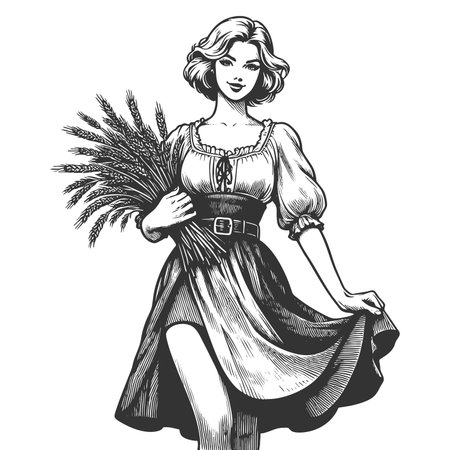 beautiful young woman in traditional dress holding a large bundle of wheat stalks sketch engraving generative ai fictional character raster illustration. Scratch board imitation. Black and white imageの素材