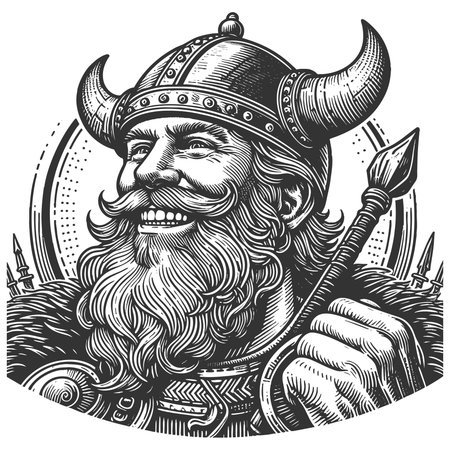 cheerful Viking warrior with horned helmet sketch engraving generative ai fictional character vector illustration. Scratch board imitation. Black and white image.の素材