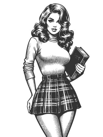 young woman in a turtleneck and plaid skirt, holding a book and standing boldly sketch engraving generative ai fictional character raster illustration. Scratch board imitation. Black and white image.の素材