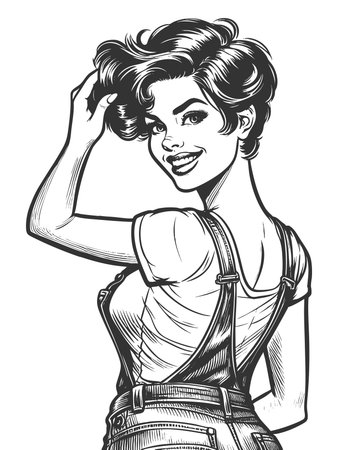 pin-up girl in short denim overalls, striking playful pose sketch engraving generative ai fictional character raster illustration. Scratch board imitation. Black and white image.の素材