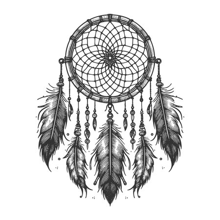 dreamcatcher with feathers and beads in black and white, featuring ornate mandala-style center and tribal elements sketch engraving generative ai raster illustration. Scratch board. Black and white.の素材